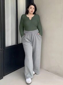 Dazy Plus 大码女式纯色缺口领长袖T恤，秋季服装 - 軍綠色 - 查看 4