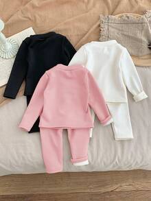 SHEIN LMoss Kids Bộ 6 món áo thun dài tay cổ lọ màu trơn dễ thương cho bé gái và quần dài cạp chun, thời trang thu đông - Nhiều màu - Xem 2