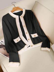 GlowEve Women's Autumn/Winter Contrast Color Soft & Versatile Knitted Cardigan Sweater - Black - View 3