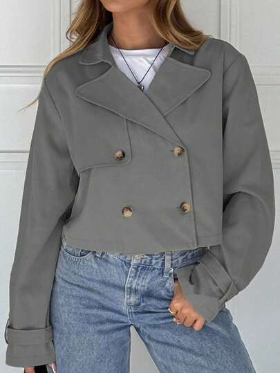 SHEIN EZwear 女式纯色翻领长袖单排扣休闲夹克，秋季