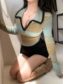 DAZY 女士时尚休闲修身性感针织毛衣，彩色扎染条纹撞色拼接毛绒半开襟，秋冬Y2K风格 - 墨綠色 - 查看 6