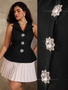 Flirla Blazer de mujer talla grande con cuello de solapa, sin mangas, de unicolor, con abertura frontal, decoración de diamantes falsos y cintura acampanada