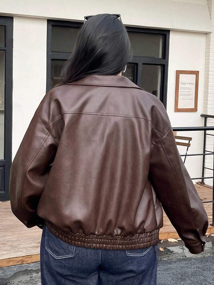 Dazy Plus Plus Size Women Solid Color PU Leather Lapel Loose Motorcycle Jacket, Autumn/Winter Women Coats