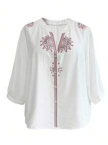 Linhara Blus Kasual Longgar Lengan 3/4 untuk Wanita Ukuran Besar - MultiWarna - View 3