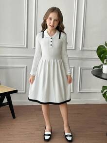 SHEIN Tween Girl Casual Fashion Versatile Cable Knit Contrast Trim Collared Long Sleeve Cinched Waist Sweater Dress, Suitable For Weekend, Casual Outing, Back To School, Suitable For Winter, Casual, Preppy, Cute & Casual & Vintage, Great For Autumn/Winter Casual, Daily Wear, School - White - View 12