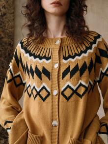 SHEIN LUNE Women's Fair Isle Jacquard Knitted Sweater Cardigan,Black And White,Autumn,Casual,Vintage,Occasion Nordic Diamond Geometric Pattern Raglan Jacket - Khaki - View 7