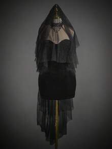 SHEIN ICON 2 件万圣节角色扮演性感派对哥特式黑色新娘天鹅绒头饰带面纱配饰，哥特式连衣裙 - 黑色 - 查看 10
