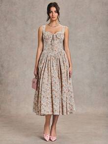 SHEIN BAE 优雅女士花卉印花无袖连衣裙，适合约会、度假、茶会、夜店和聚会 - 紅色 - 查看 3