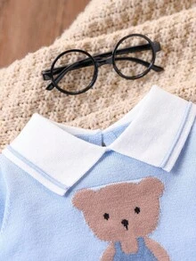 SHEIN Baby Boy Cartoon Bear Sweater Top + Sweater Overalls, Knitted One-Piece Jumpsuit, Fashionable And Cute For Autumn/Winter Traveling, Shopping At Home Fall - Baby Blue - View 5