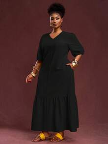 Slaydiva 2025 新款春夏大码女式复古西部度假/早午餐装，音乐节/俱乐部/公路旅行/度假/休闲/城市度假/毕业典礼，女士优雅装扮，休闲宽松黄色纹理泡泡格纹 V 领泡泡袖 H 字形荷叶边下摆长裙 - 黑色 - 查看 3