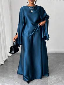 Maweii 大码优雅通勤纯色斗篷袖衬衫和加长裙两件套 - 藍色 - 查看 6