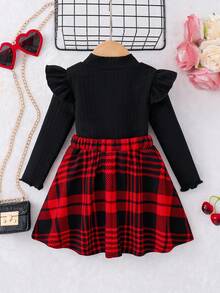 SHEIN 女婴 2 件套可爱格子拼布校园风格服装，荷叶边长袖立领针织 T 恤上衣和大蝴蝶结细节裙，非常适合秋冬季休闲日常穿着和上学日常，适合圣诞节