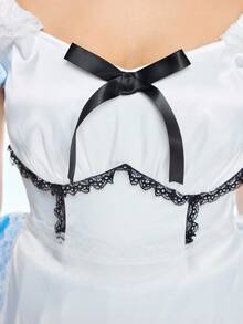 ROMWE Avant Trang phục hầu gái Alice ở xứ sở thần tiên dành cho nữ, váy ngắn tay bồng, nơ ruy băng, màu tương phản - Màu xanh lam - Xem 2