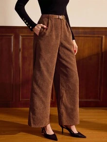 Vintamour Vintage Elegant Women's Pants With Pockets And Belt Corduroy Casual Pants For Work And Vacation For Women For Women For Women For Women For Women Christmas Women's Christmas For Women Saudi National Day Brown Pants New Year Spring - Brown - View 5