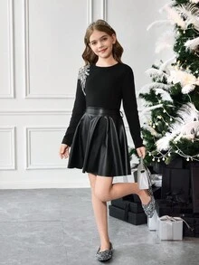 SHEIN 2pcs Tween Girls Casual Elegant Rhinestone Embroidered Knit Top And PU Skirt Set, Suitable For Christmas, Daily Wear - Black - View 7