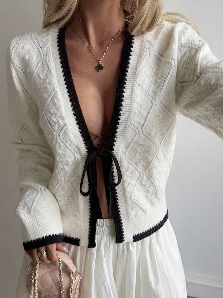 Women's Autumn Long Sleeve Tie Front Colorblock Short Cardigan