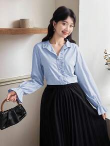 SHEIN Teen Girls Ruffled Collar Lantern Sleeve Casual Versatile Blue Shirt, Elegant Palace Style Blue Shirt Fall Winter - Blue and White - View 7