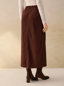 Cévolie 女装秋冬新款法式通勤时尚灯芯绒高腰直筒开叉半身裙 - 鏽棕色 - 查看 2