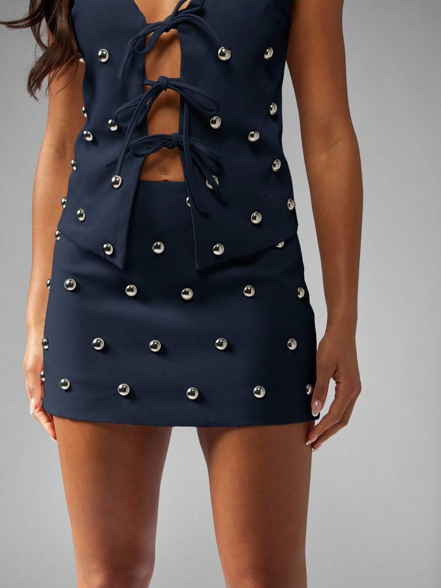MISSGUIDED Studded Mini Skirt Embellished With Silver Metal Details For Evening Party Club Night Glamour Fashion - Navy Blue - View 1
