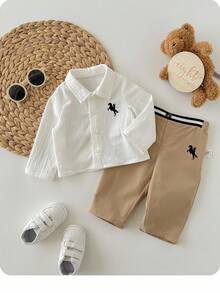 Newborn Baby Boy Casual Cute Versatile White Long Sleeve Shirt And Pants Set - Multicolor - View 6