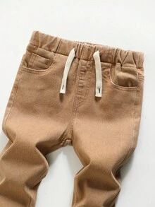 SHEIN Young Boy Elastic Waist Drawstring All-Match Simple Versatile Comfortable Stretchy Slim Fit Light Grey Denim Jeans Fall Winter - Coffee Brown - View 3