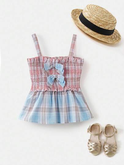 Joliand Joliand 1pc Tween Girls Elegant City College Cute & Plaid Bow Trim Decorative Tank Top, Suitable For Casual Daily, Outings, Gatherings, Parties, Summer Back To School  School  Clothes School Supplies