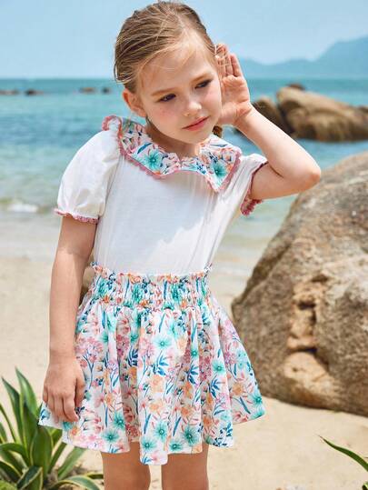 Joliand Joliand 2pcs/Set Young Girl Elegant Urban Cute Pink Floral White Collar Loose Puff Sleeve Top And Ditsy Floral Short Skirt Set, Suitable For Casual Daily, Outing, Gathering, Party, Wedding, Picnic, Summer