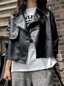 DAZY Women's Casual Loose PU Leather Lapel Long Sleeve Jacket, Autumn Y2k Women Coats