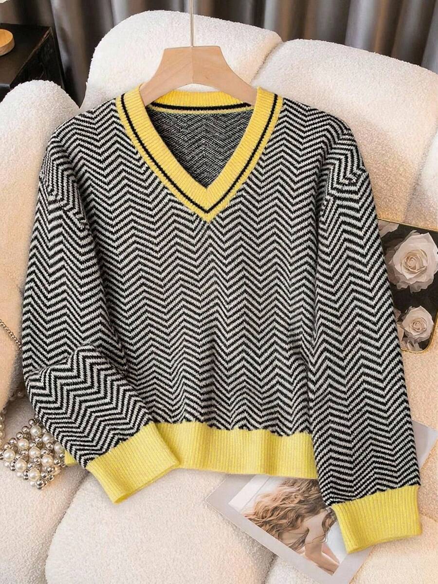 SHEIN LUNE 女式V领撞色波浪针织休闲套头衫 - 黃色 - 查看 1
