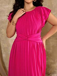 Roveilla Plus Size Women Pleated Dress With Ruffle Sleeves, Short Sleeve, Waist Tie, Chiffon Dress, Suitable For Dates, Commuting, Valentine's Day Fuchsia Dress Pink Dress Pleated Dresses For Women Pink Pleated Dress