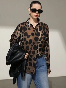 Aveloria Modichic Áo sơ mi tay dài họa tiết da báo cỡ lớn, đơn hàng thời trang thanh lịch cho nữ - màu nâu - Xem 3