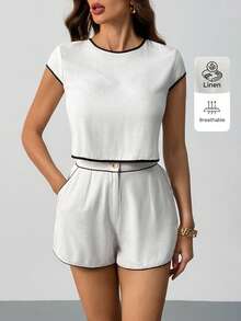 SHEIN Tall Women's Solid Color Contrast Trim Linen 2 Pieces Short Sets,White And Black Summer Chic Vacation Holiday Lounge Outfit,Ladies Layering 2pcs Short Set - Apricot - View 4