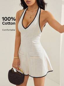 SHEIN PETITE Damski kombinezon w jednolitym kolorze z kontrastowym wykończeniem, głębokim dekoltem w serek, rozszerzanymi nogawkami, biała sukienka letnia, elegancka biała sukienka, biała sukienka halter, sukienka tenisowa, sukienka brunchowa, biała sukienka klubowa, sukienka damska, bawełniana sukienka, sukienka swobodna