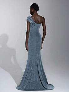 Elitara Elegant, Romantic, Sexy, Minimalist, Yellow-Green-Brown, Knitted Stretchy Fabric, Fishbone, Bust Cup, Fishtail Skirt Hem, Trailing, Fashionable, Influencer, Festival, Vacation, Birthday Party, Wedding Event, Formal Gala Dress - Dusty Blue - View 3