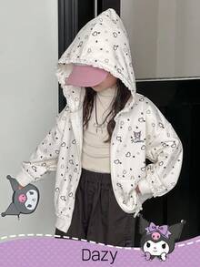 DAZY HELLO KITTY AND FRIENDS | SHEIN 少女卡通图案拉链连帽卫衣 - 米色 - 查看 1