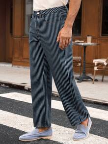 Manfinity NXTstreet 男士休闲条纹中腰直筒牛仔裤 - 藍色 - 查看 5