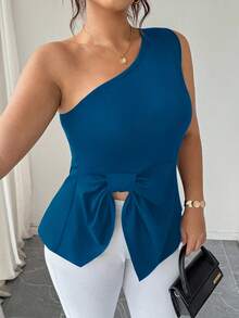 Elenzga توب كاميسول كاجوال بخصر مشدود وكتف غير متماثل مع زخرفة فيونكة مزيفة، مناسب للتنقل والخروجات - ازرق مخضر - مشاهدة 4