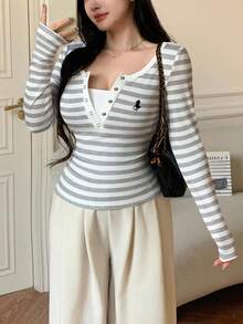INAWLY Women's Casual Fitted Grey T-Shirt, 2-In-1 Look, Suitable For Spring And Autumn - Multicolor - View 1