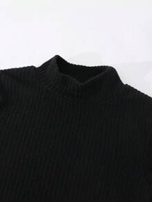 女孩优雅复古纯色高领上衣和蝴蝶结纽扣假口袋无袖修身连衣裙套装，适合日常外出、约会和聚会 - 黑色 - 查看 5