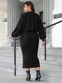 Ellevyn Plus Size Women Knitted Dress Set, Elegant Ladies Knitted Dress Suit, Knitted Sweater & Knitted Dress Set, Purple Knitted Dress Suit With Pearl Collar Decoration, Stretchy & Comfortable