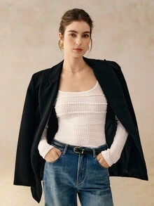 INAWLY Blusa de punto ajustada con espalda calada y lazo de mujer de unicolor - Blanco - Ver 1