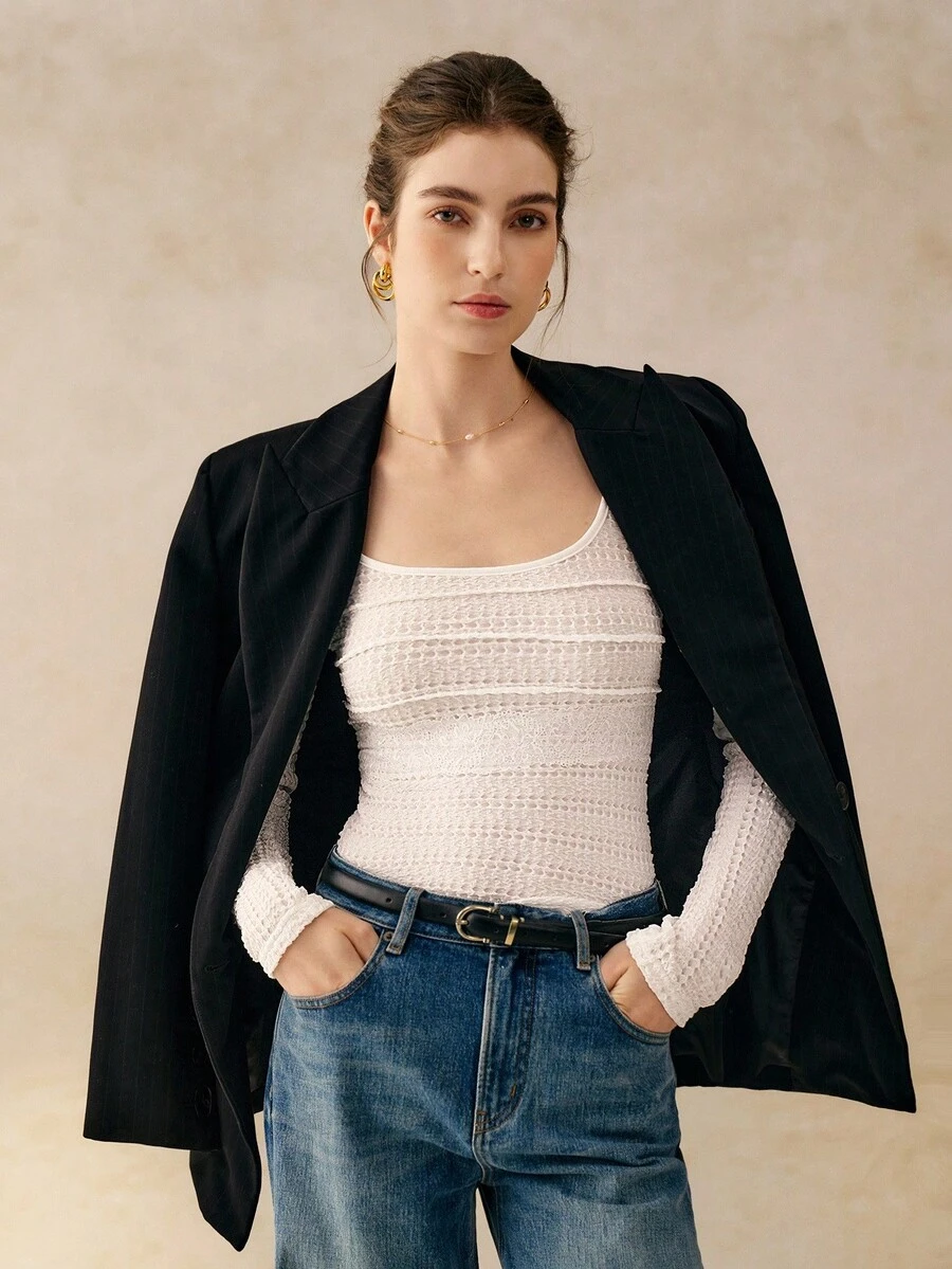 INAWLY Blusa de punto ajustada con espalda calada y lazo de mujer de unicolor - Blanco - Ver 1