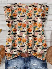 EMERY ROSE Plus Size Halloween Pumpkin & Ghost Graphic Textured Knit Casual Blouse, Suitable For Autumn, Fall Top - Multicolor - View 2