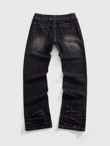 ROMWE MEN Grunge Punk Jeans de pierna ancha con decoración de remaches, estilo casual de calle, con doble cintura para hombres - Negro - Ver 2