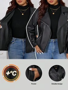 SHEIN Clasi Giacca da motociclista in ecopelle con zip e colletto, taglia comoda, per donne, colore tinta unita, manica lunga