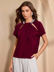 Almamuse Women's Elegant Rhinestone Collar Design Blouse - Red - View 5