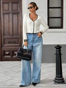 Pariaura Women's Elegant V-Neck Contrast Binding Button Cardigan, Autumn