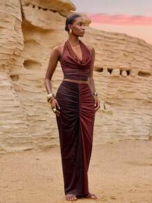 Zivah Summer Vacation Holiday Brown Stripe 2 Pieces Set,Seksi Chic Draped Neck Tie-Up Top & Ruched Long Slit Skirt,Tie-Dye Ombre Print 's Wear - Brown - View 3