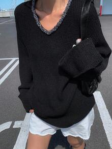 Livesso Women's Loose V-Neck Long Sleeve Casual Elegant Patchwork Lace Knit Sweater, Autumn/Winter - Black - View 4