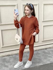 SHEIN 青少年女孩罗纹圆领长袖 T 恤套装，搭配紧身裤、连帽衫、长袖修身运动裤、休闲条纹连帽上衣和下装套装，适合冬季秋季服装 - 珊瑚橙 - 查看 6